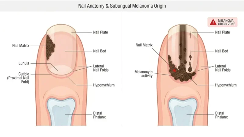 Subungual Melanoma anatomy diagram showing nail matrix origin and pigmented streak development in nail cross-section