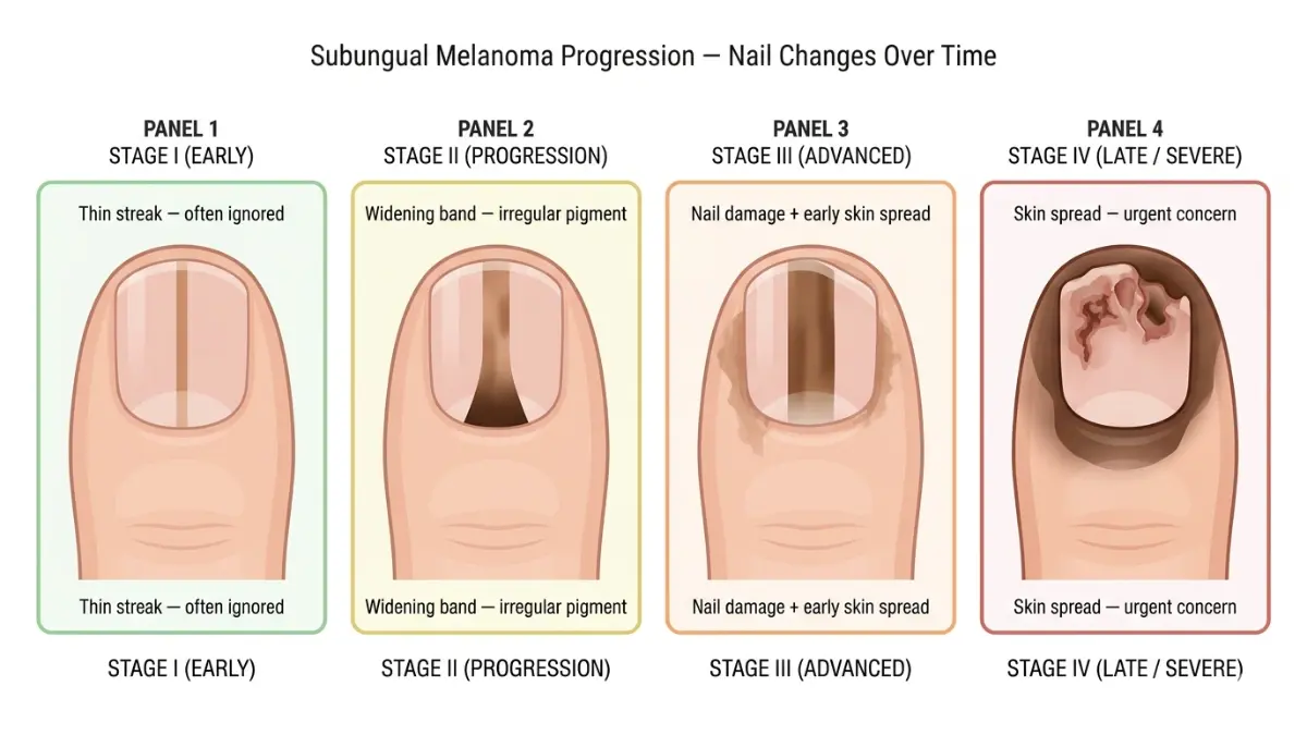 Subungual Melanoma progression stages showing nail streak widening from early thin band to advanced nail destruction
