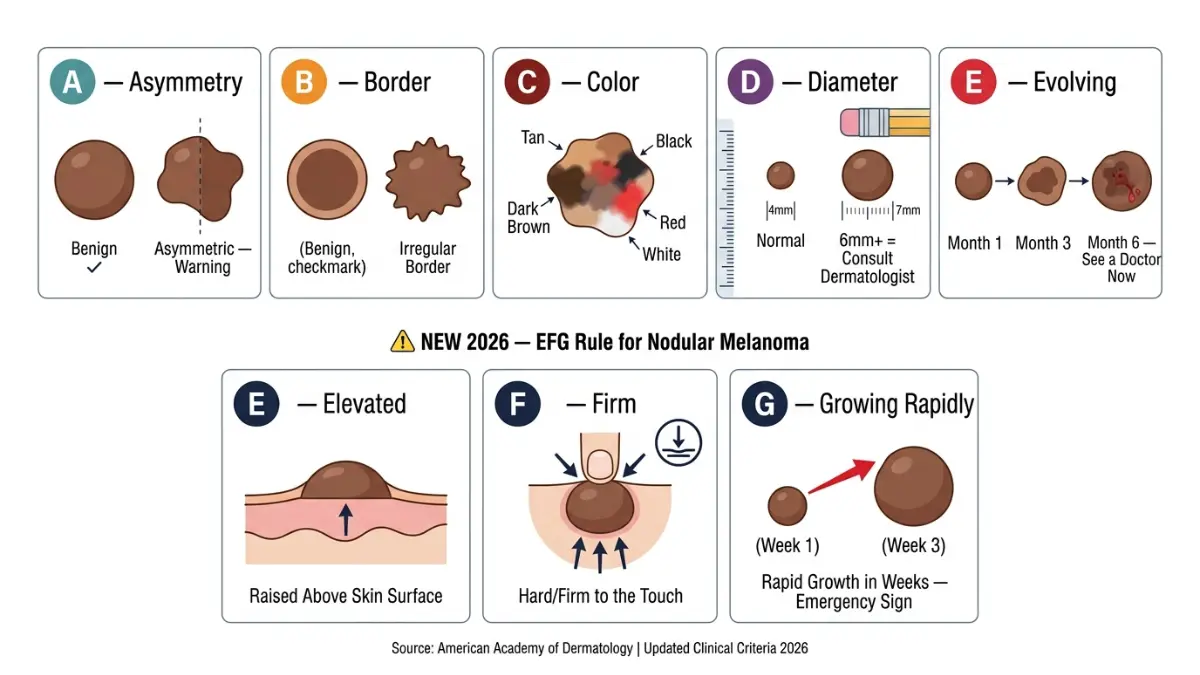 Sunburn melanoma risk warning signs ABCDE and EFG rule showing asymmetry border color diameter evolving and nodular melanoma signs