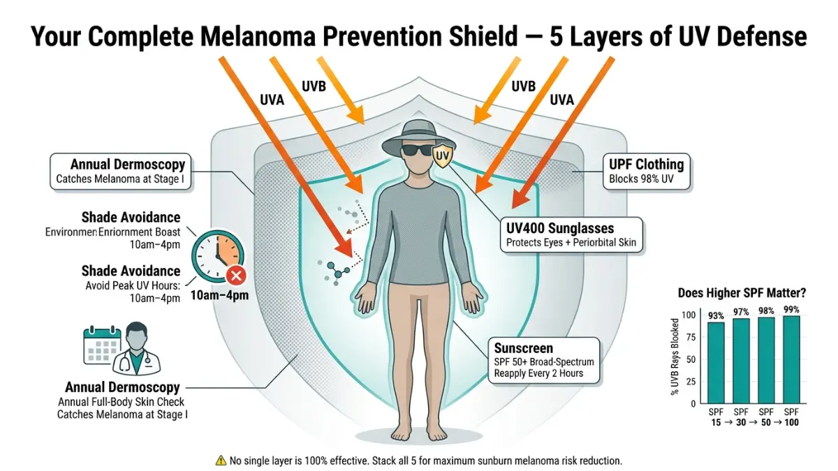Sunburn melanoma risk prevention showing five layers of UV protection including sunscreen clothing sunglasses shade and skin checks