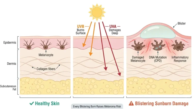 Sunburn melanoma risk diagram showing healthy skin vs blistering UV damage with melanocyte mutation and DNA damage
