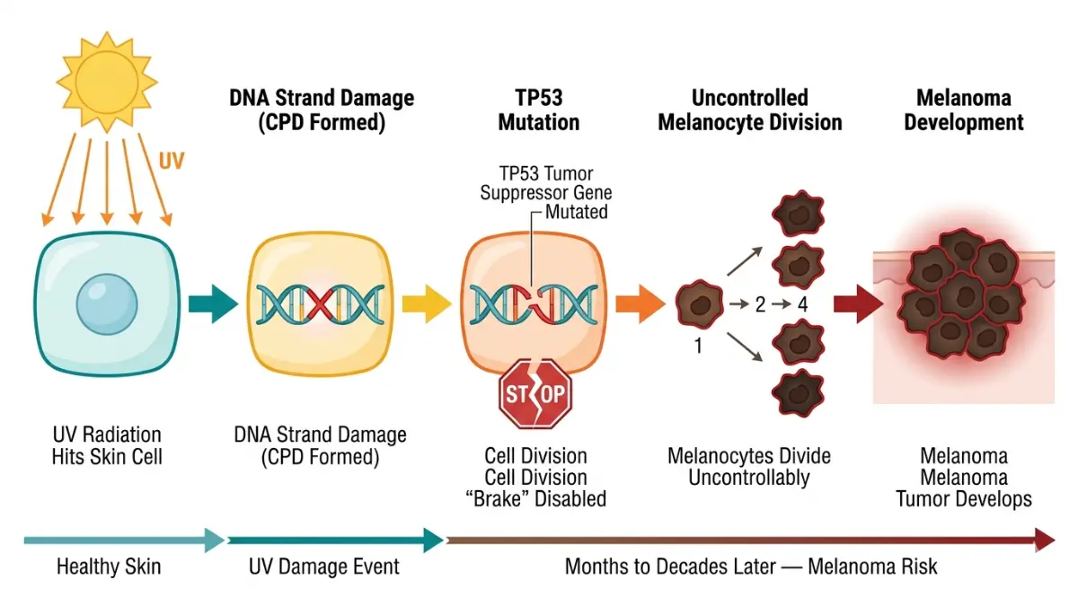 Sunburn melanoma risk pathway showing UV radiation causing DNA damage TP53 mutation and melanoma tumor development
