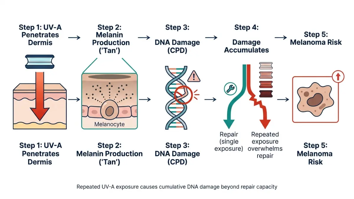 Tanning Beds UV-A exposure causing DNA damage melanoma risk step-by-step medical flow diagram