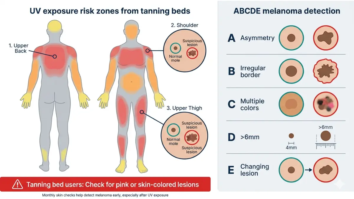 Tanning Beds melanoma risk zones on human body with ABCDE detection guide anatomy illustration