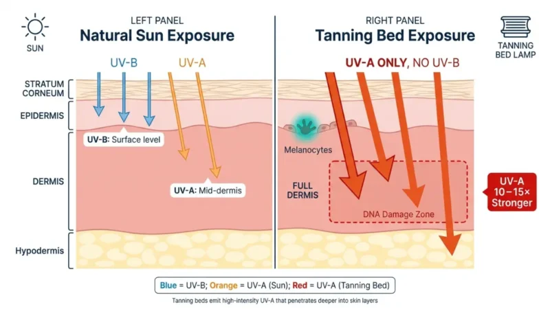 Tanning Beds UV penetration vs natural sunlight showing deeper UV-A damage in skin layers anatomy diagram