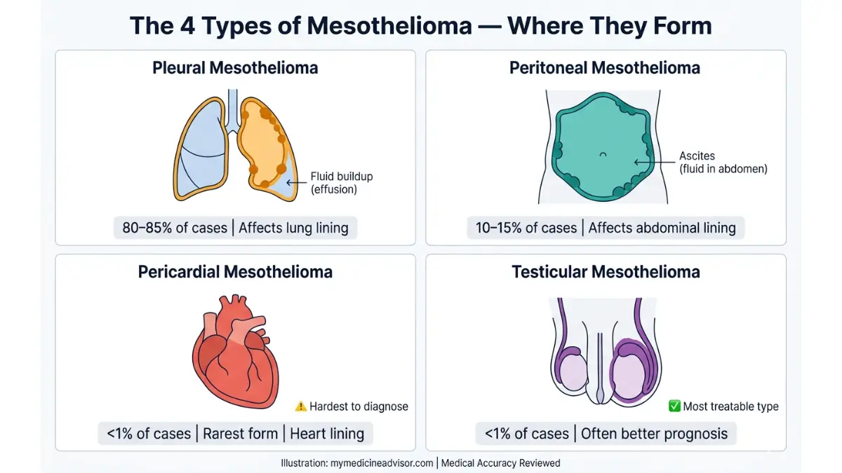 Mesothelioma types diagram comparing pleural, peritoneal, pericardial, and testicular mesothelioma