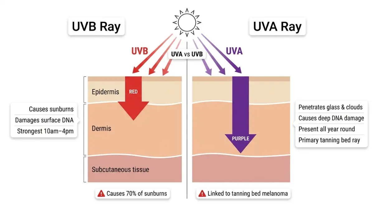 What Causes Melanoma — comparison diagram of UVA vs UVB rays showing skin penetration depth and DNA damage risk