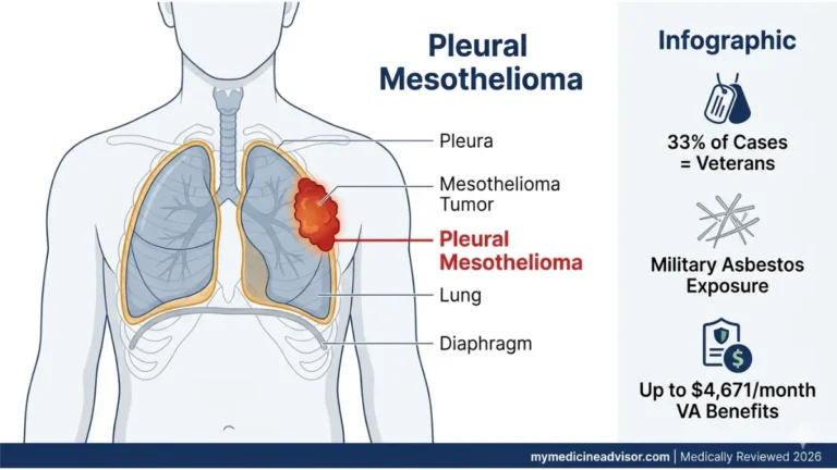Veterans mesothelioma anatomy showing pleural tumor on lung with military asbestos exposure risk and VA benefits infographic