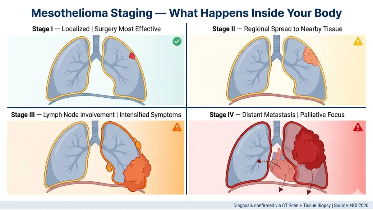 Veterans mesothelioma stages diagram showing stage 1 to stage 4 tumor progression in pleural lining and metastasis