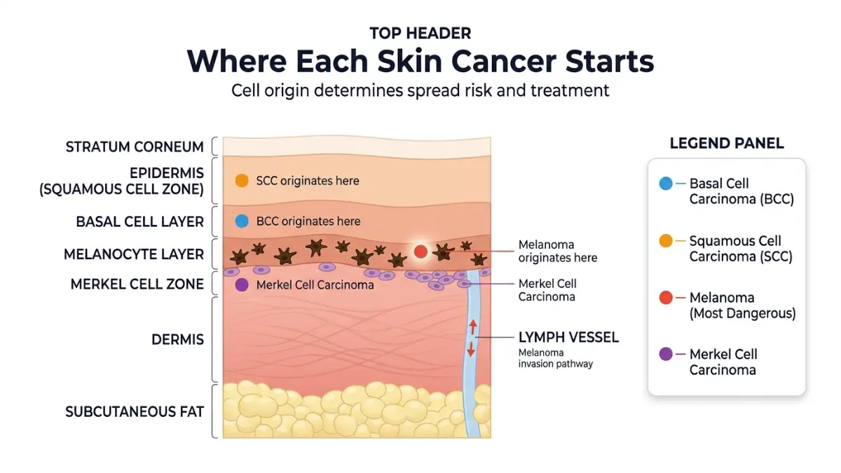 Skin Cancer origin diagram showing melanoma from melanocytes and basal squamous cell carcinoma layers in human skin cross section