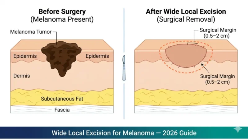 Wide local excision melanoma procedure diagram showing surgical margins and skin layer removal in cross-section