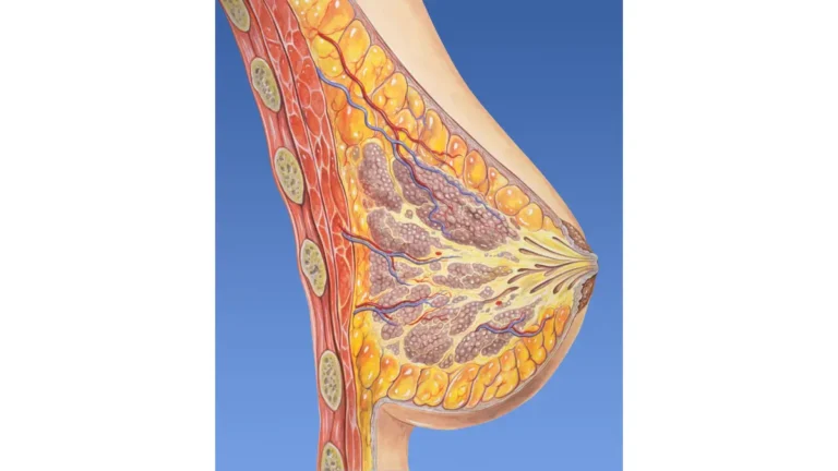 Breast Cancer Risk Factors illustration showing normal breast anatomy including ducts lobules and fatty tissue