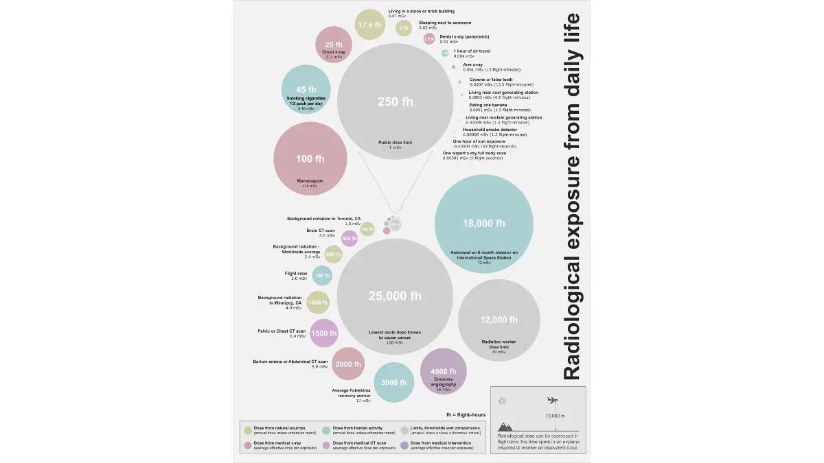 Infographic showing radon gas as the single largest source of radiation exposure in daily human life, contributing more radiation than medical X-rays and all other natural sources combined, making it the leading cause of lung cancer in non-smokers