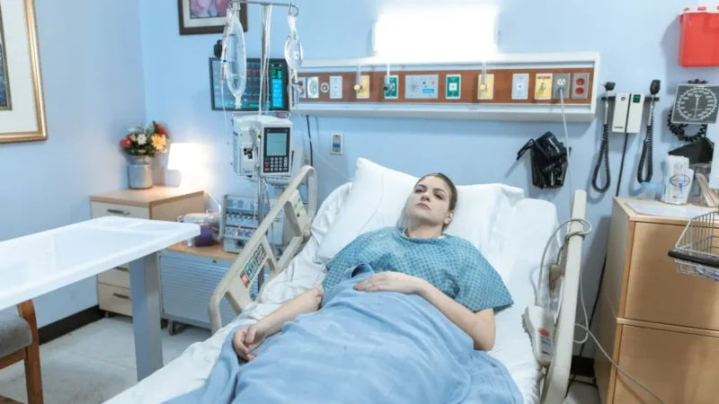Chemotherapy for Prostate Cancer shown as an IV drip beside a patient in a hospital treatment room.