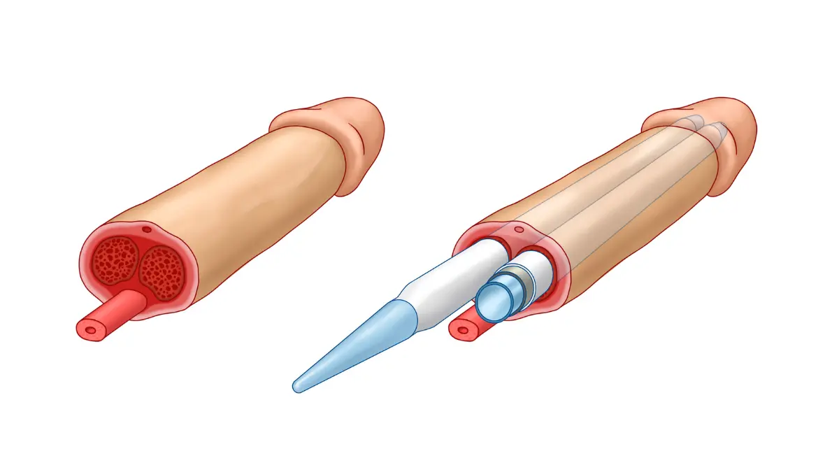 Erectile Dysfunction treatment illustration showing an inflatable penile implant placed inside the penis for advanced ED management.