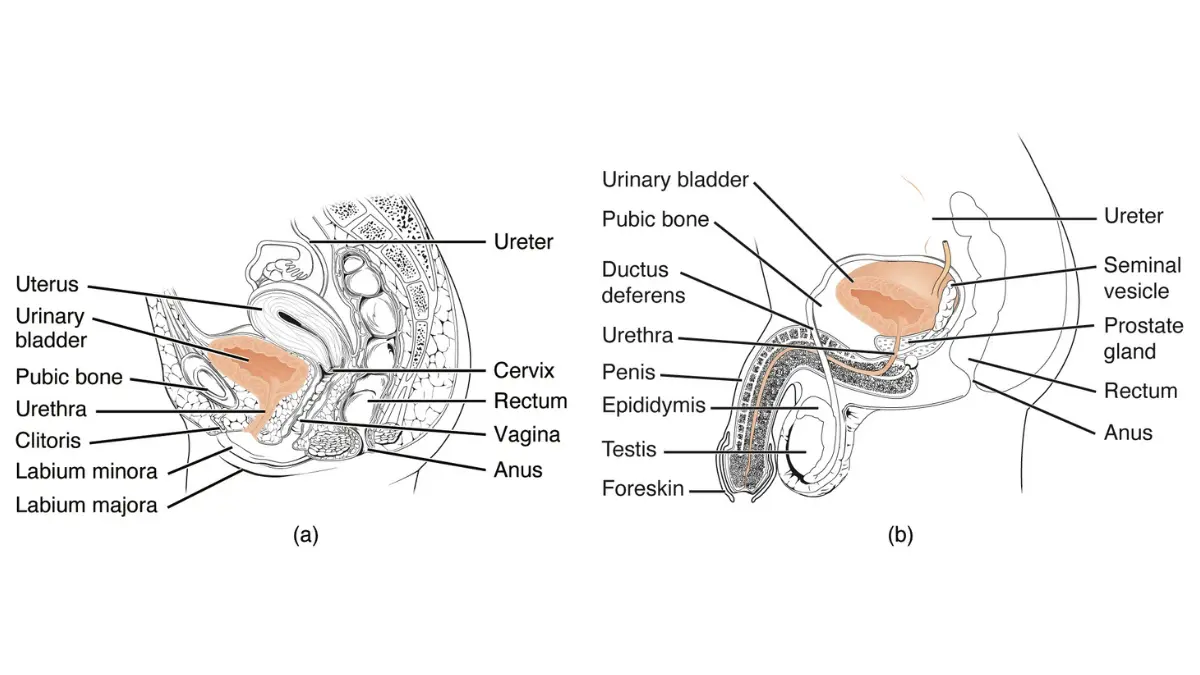 prostate cancer stages urinary anatomy illustration showing the prostate around the male urethra.