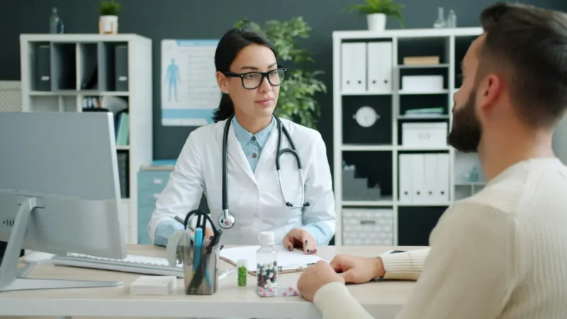 Doctor explaining prostate cancer survival rate to patient during medical consultation