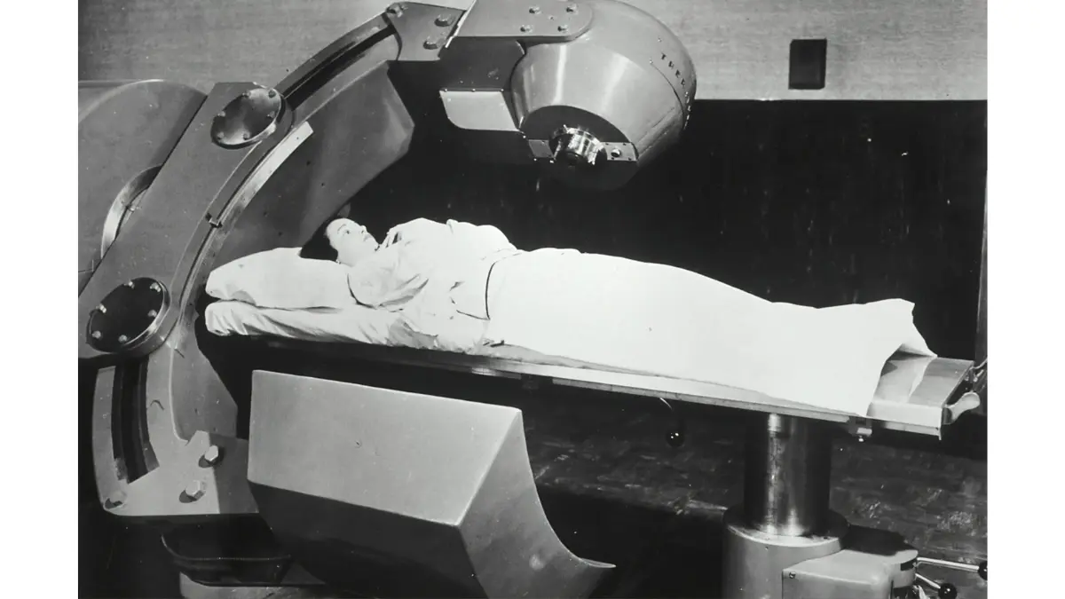 Patient on a hospital linear accelerator machine receiving external beam Radiation therapy for cancer treatment.