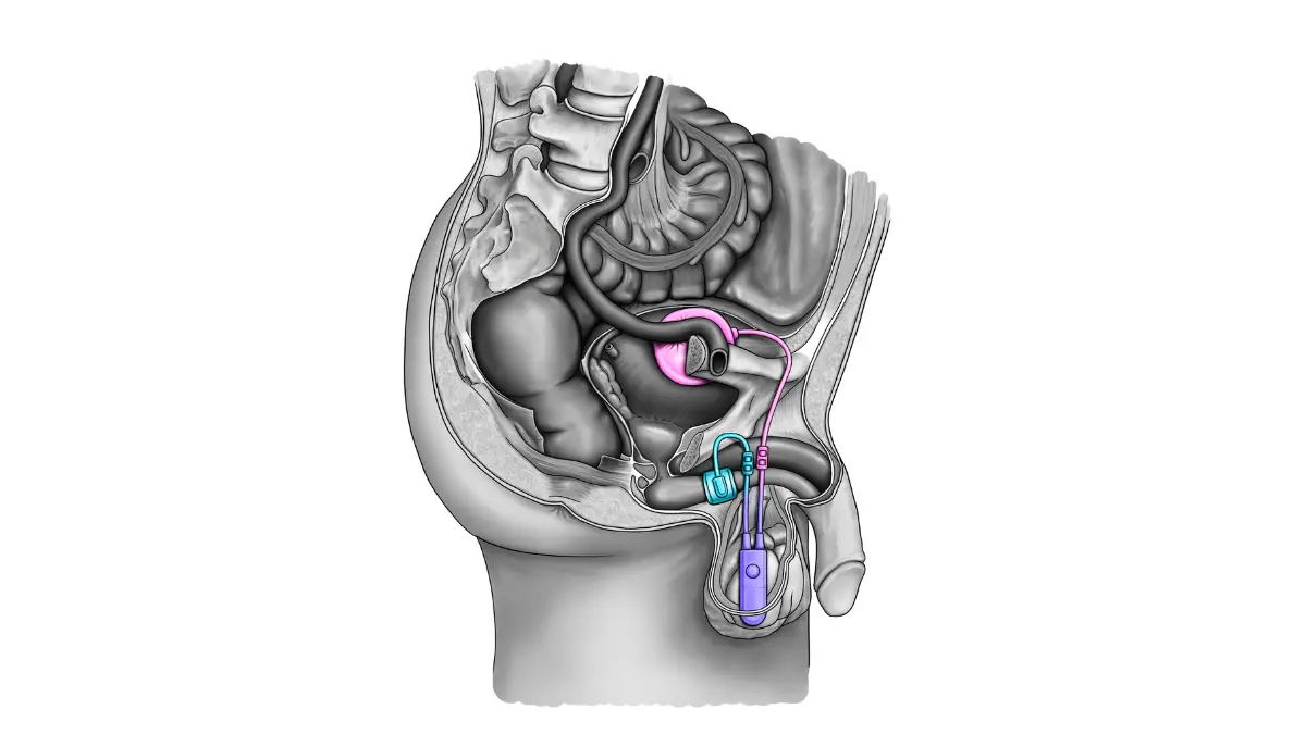Diagram of implanted artificial urinary sphincter device for treating persistent Urinary Incontinence after prostatectomy.
