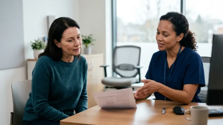 Doctor explaining an Abnormal Lipid Panel result to an adult patient during a routine medical consultation