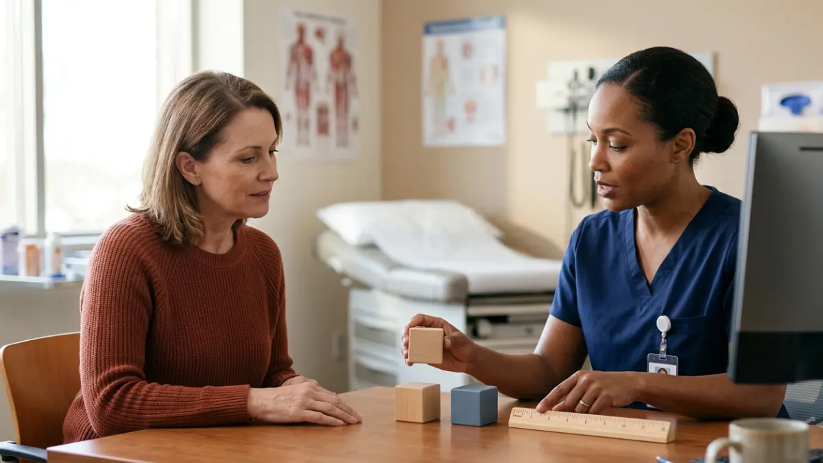 Healthcare professional explaining how an Abnormal Lipid Panel flag is compared with reference values during a patient consultation