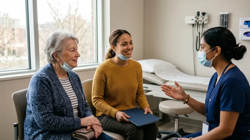 Cholesterol Results discussion as an adult daughter accompanies her elderly mother during a routine medical appointment