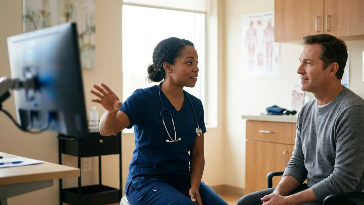 Doctor explaining Anion Gap blood test results to an adult patient during a primary care consultation