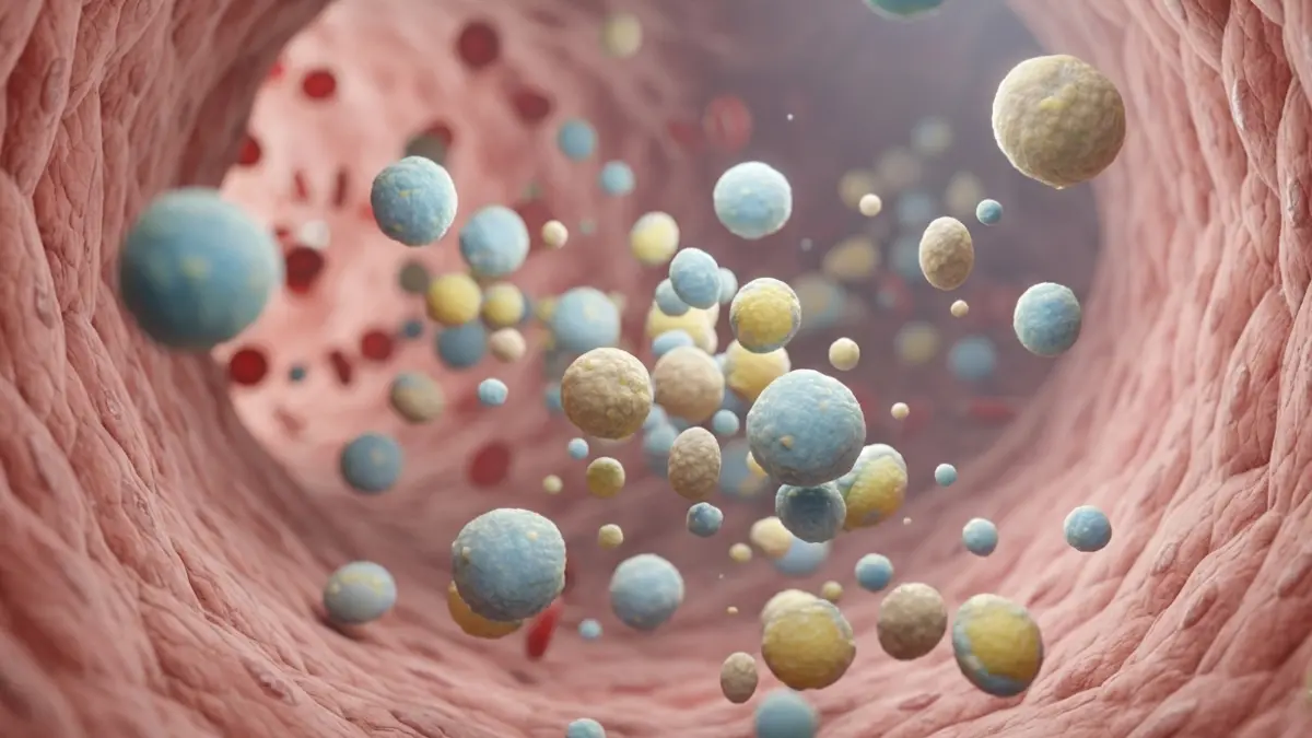 Illustration showing ApoB lipoprotein particles traveling through a healthy human artery