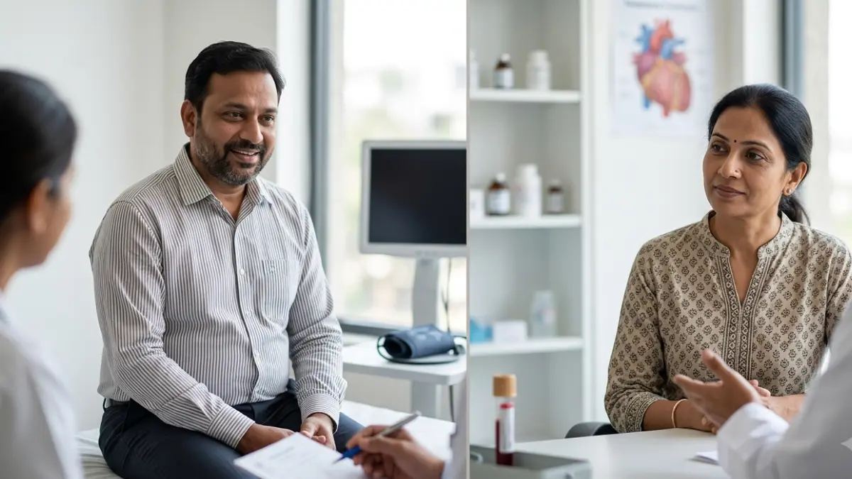 Two adults discussing ApoB cholesterol risk during separate preventive healthcare appointments