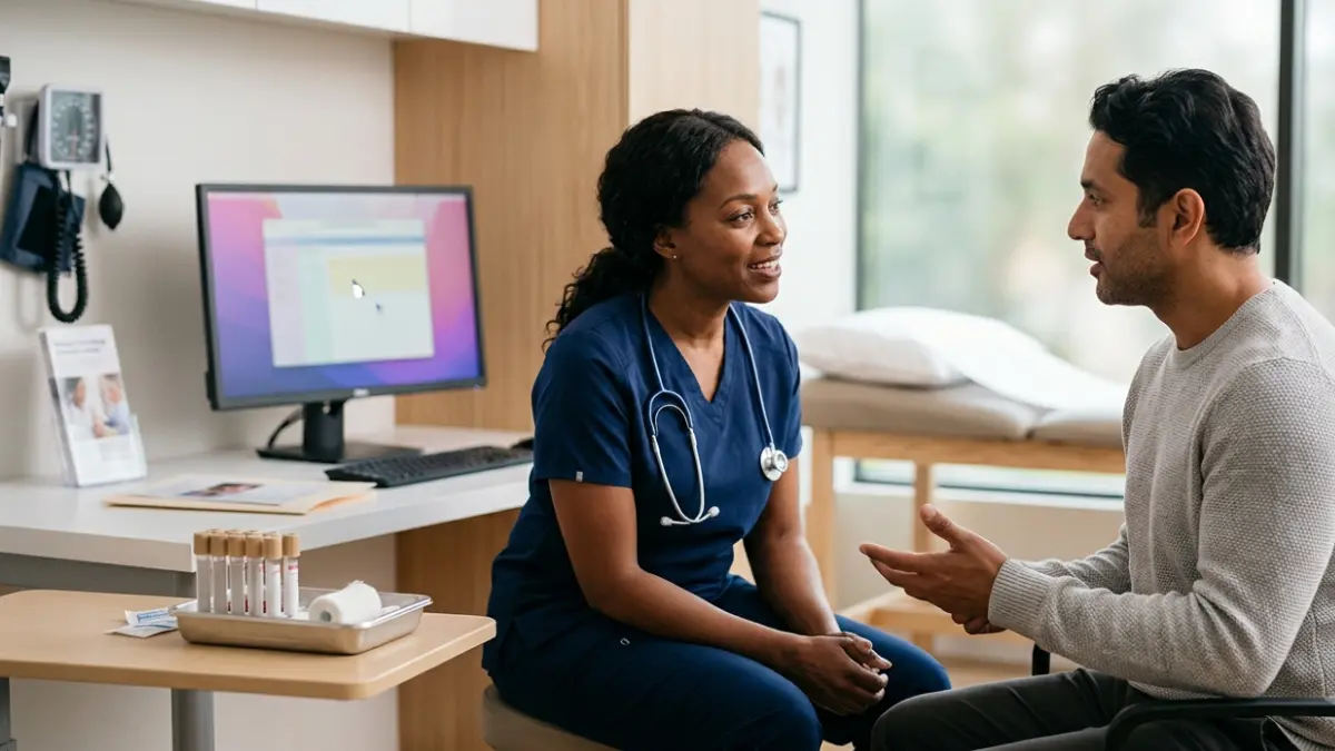 Patient asking a physician whether ApoB testing is appropriate during a routine health visit