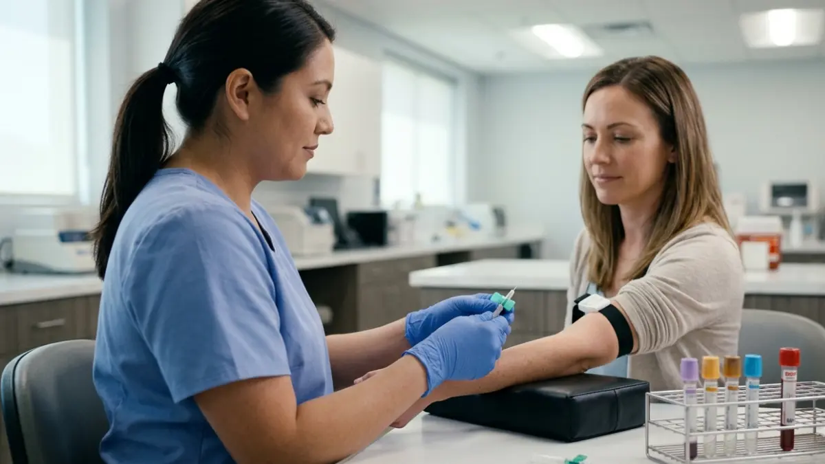 Phlebotomist preparing blood draw for Basic Metabolic Panel Cost evaluation.