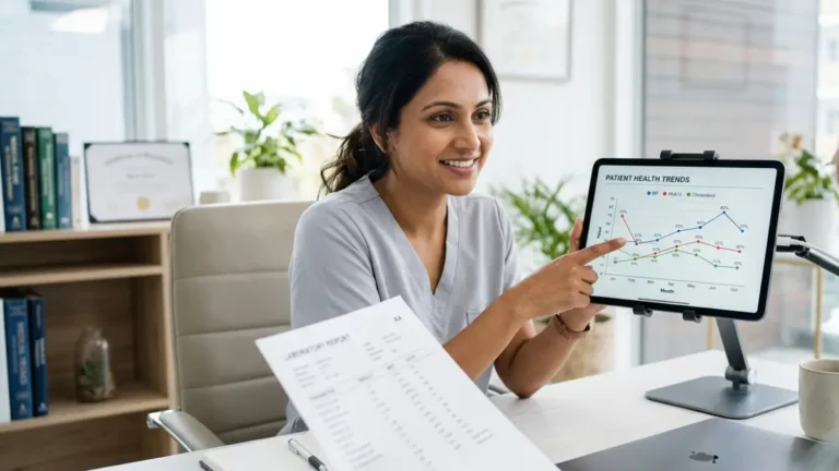 A healthcare provider reviewing basic metabolic panel normal ranges with a patient on a digital tablet.