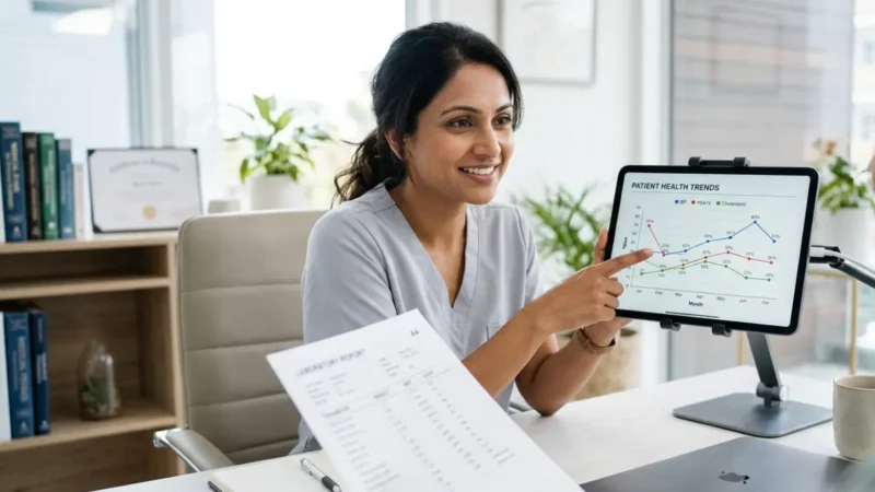 A healthcare provider reviewing basic metabolic panel normal ranges with a patient on a digital tablet.