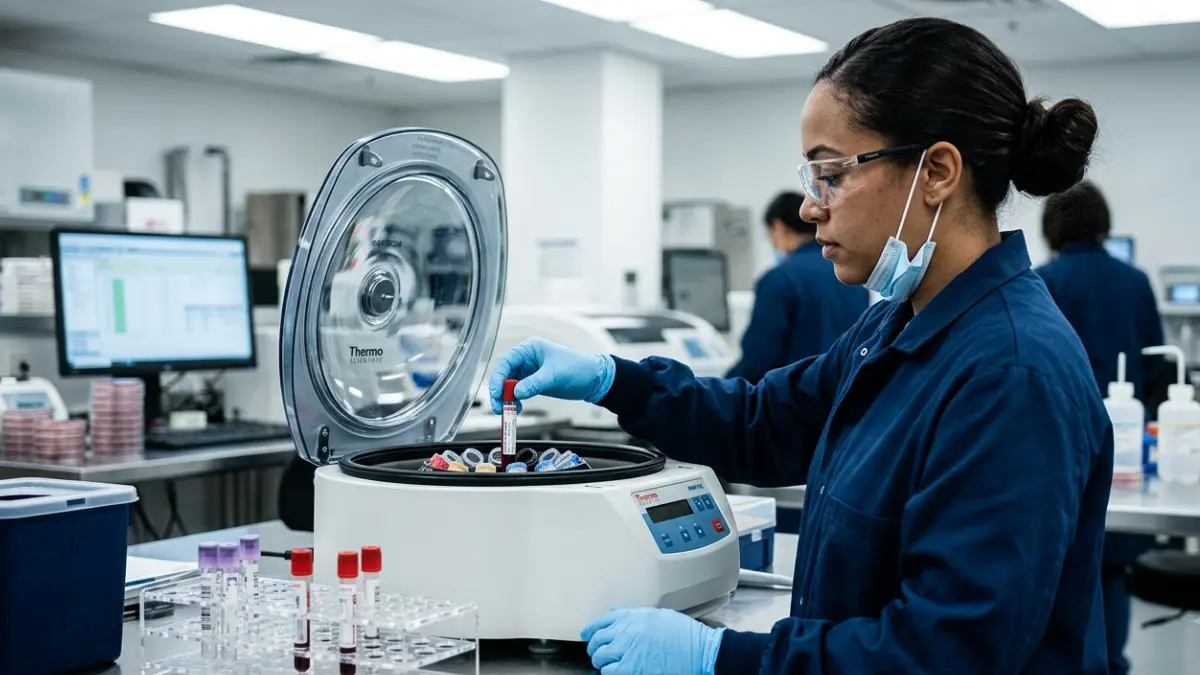 Standard red-top blood collection tubes placed in a laboratory centrifuge for testing normal ranges.