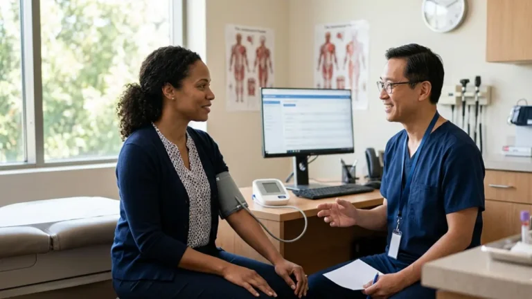 Doctor explaining routine blood testing before prescribing hypertension medication for BMP for Blood Pressure monitoring