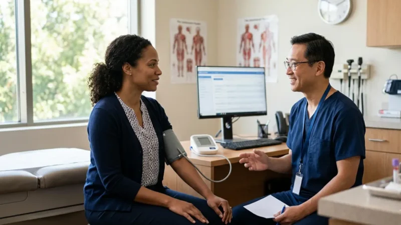 Doctor explaining routine blood testing before prescribing hypertension medication for BMP for Blood Pressure monitoring