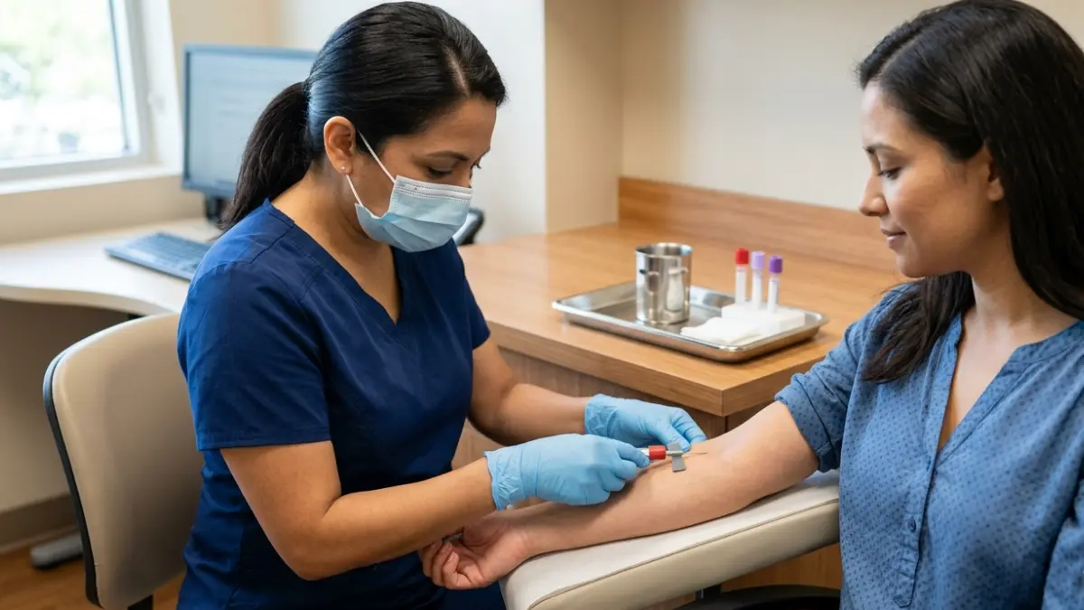 Healthcare professional collecting a routine blood sample for BMP for Blood Pressure monitoring