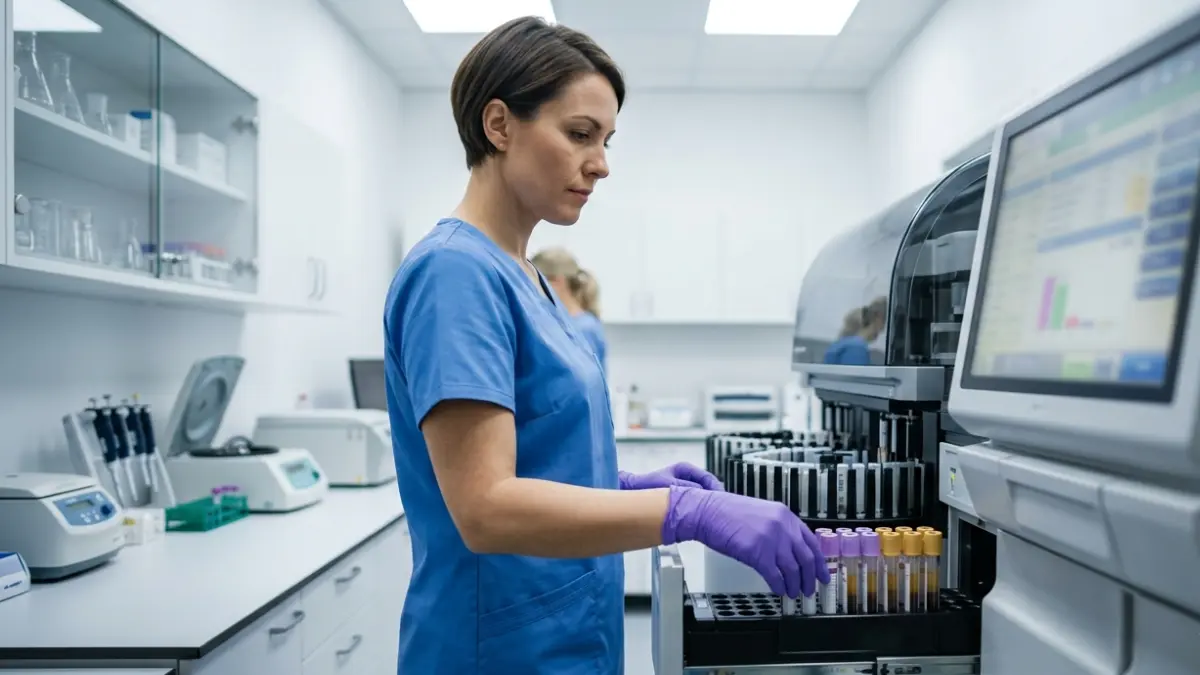 BMP in the ER showing a hospital laboratory technologist processing blood samples for chemistry analysis