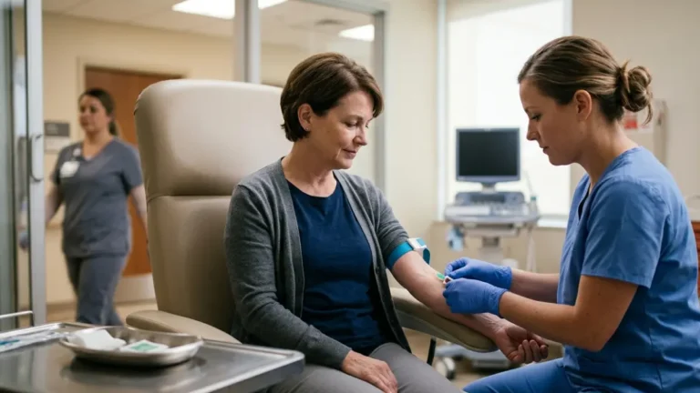 BMP in the ER showing a healthcare professional collecting a routine blood sample from an adult patient in a modern emergency department