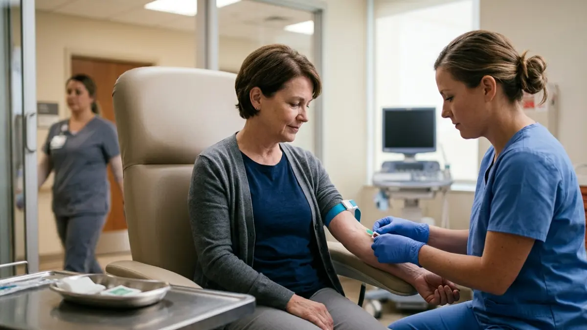 BMP in the ER showing a healthcare professional collecting a routine blood sample from an adult patient in a modern emergency department