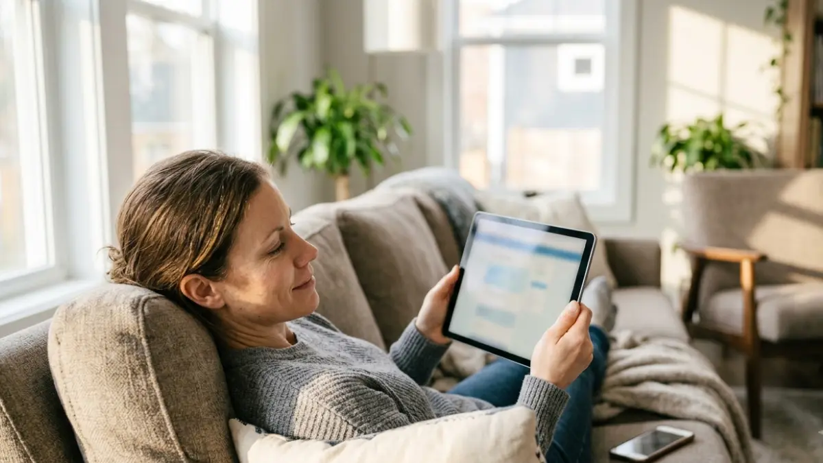 BMP Online reviewing laboratory information securely on a tablet at home