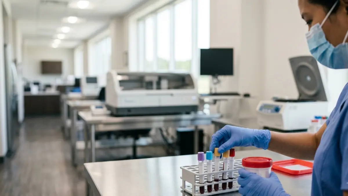 Laboratory technician handling blood collection tubes during BMP Results processing in a clinical laboratory