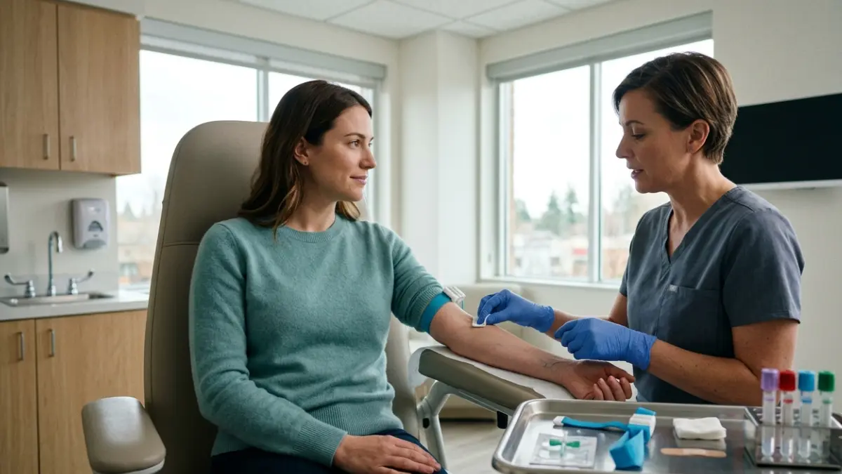 Healthcare professional preparing a patient for a routine BMP blood test during an annual checkup