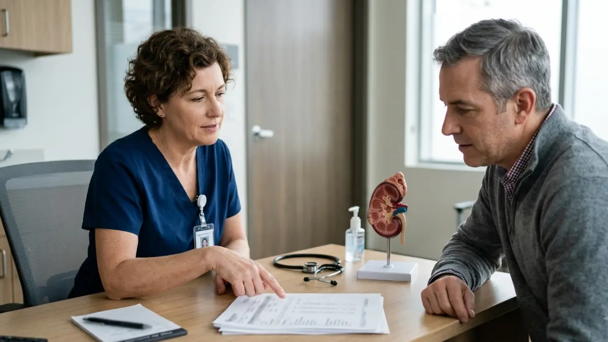Doctor explaining BUN Creatinine Ratio blood test results during a patient consultation in a medical clinic