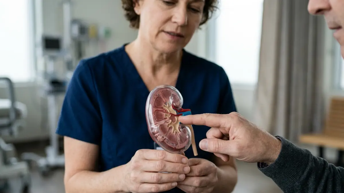 Healthcare professional demonstrating kidney filtration using an anatomical model for BUN Creatinine Ratio education