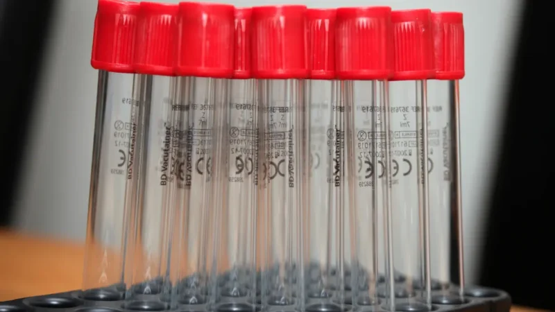 A neat row of colored vacutainer collection tubes in a laboratory rack to illustrate if a patient needs to be fasting before blood draws.