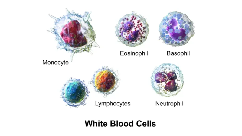 A 3D medical vector overview of white blood cell types measured during a CBC Differential, showing a lymphocyte, monocyte, neutrophil, eosinophil, and basophil.