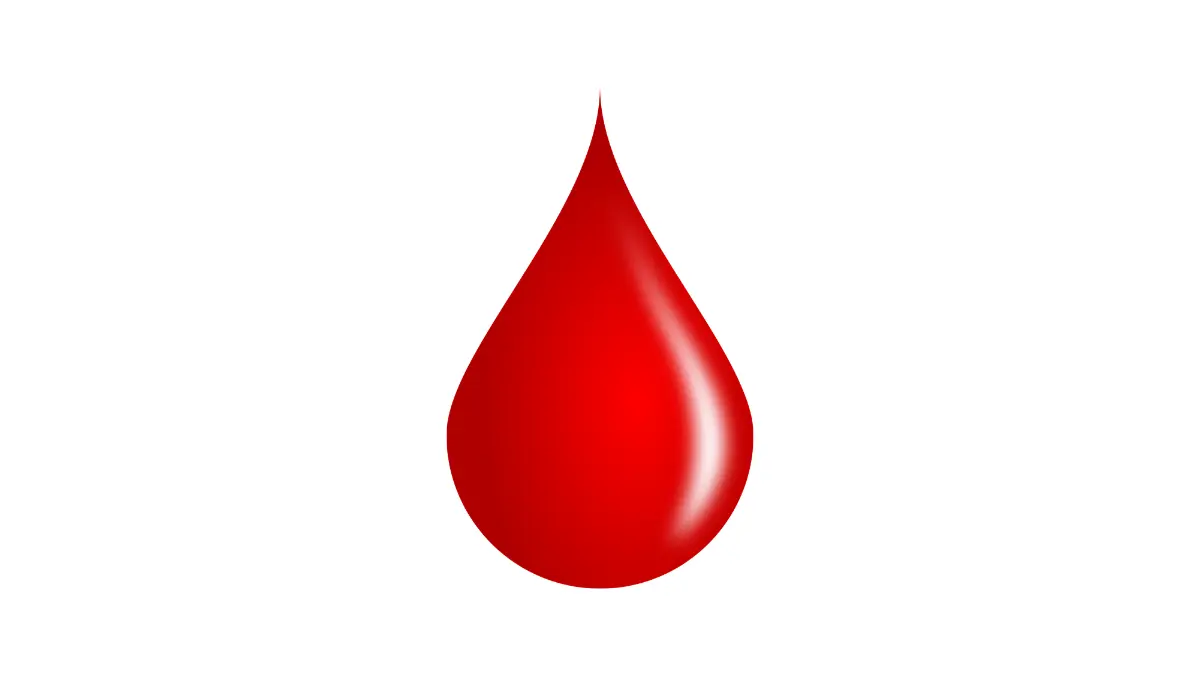 A vector illustration of a dark red blood drop falling downwards, serving as a clinical visual anchor comparing the diagnostic utilities of a CBC vs CMP routine health panel.