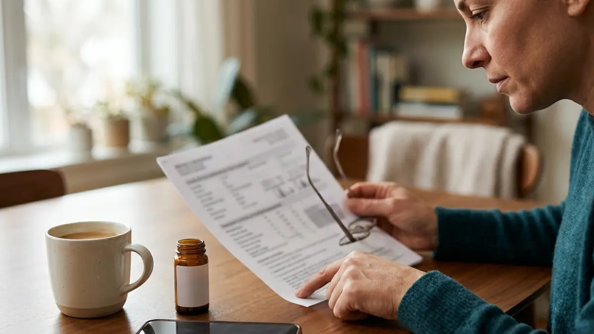 Person reviewing a Lipid Panel laboratory report at home while checking cholesterol test information without readable medical documents