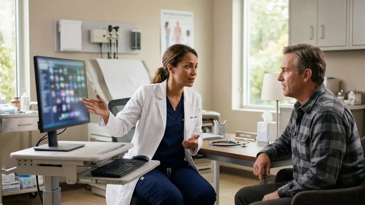 Chem 7 Blood Test discussion between a physician and patient during laboratory test consultation